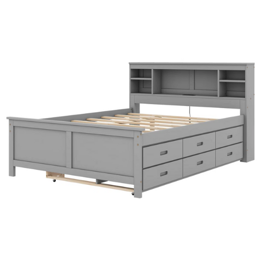 Full size wooden platform bed in modern finish with USB headboard, three underbed storage drawers, and twin-size trundle bed for extra sleeping space.

