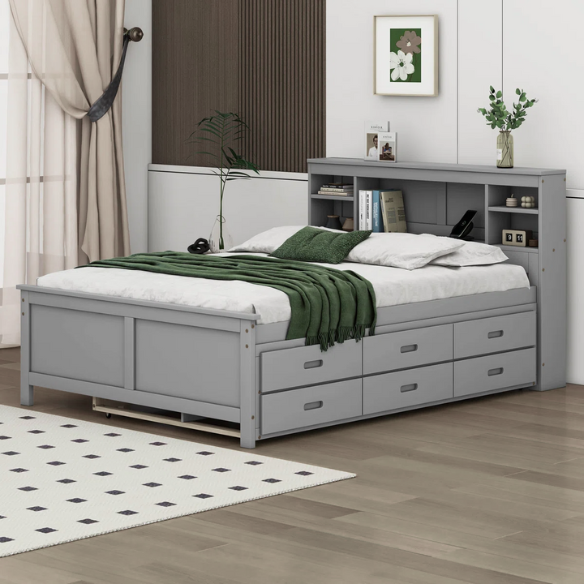 Full size wooden platform bed in modern finish with USB headboard, three underbed storage drawers, and twin-size trundle bed for extra sleeping space.

