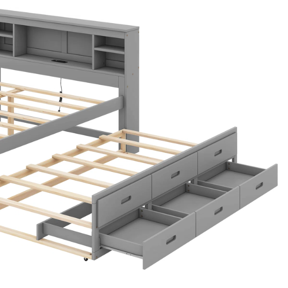 Full size wooden platform bed in modern finish with USB headboard, three underbed storage drawers, and twin-size trundle bed for extra sleeping space.

