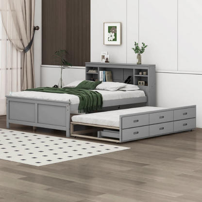 Full size wooden platform bed in modern finish with USB headboard, three underbed storage drawers, and twin-size trundle bed for extra sleeping space.

