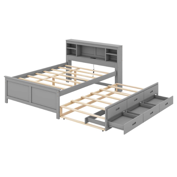Full size wooden platform bed in modern finish with USB headboard, three underbed storage drawers, and twin-size trundle bed for extra sleeping space.

