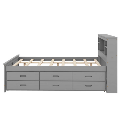 Full size wooden platform bed in modern finish with USB headboard, three underbed storage drawers, and twin-size trundle bed for extra sleeping space.

