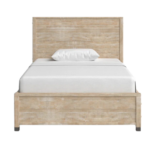 Full-size farmhouse bed in light tan finish, made from solid pine wood with a distressed texture, rectangular headboard and footboard, and slatted platform design.

