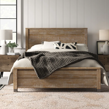 Full-size farmhouse bed in light tan finish, made from solid pine wood with a distressed texture, rectangular headboard and footboard, and slatted platform design.

