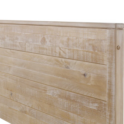 Full-size farmhouse bed in light tan finish, made from solid pine wood with a distressed texture, rectangular headboard and footboard, and slatted platform design.

