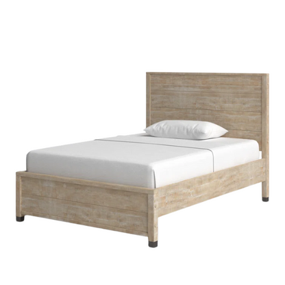 Full-size farmhouse bed in light tan finish, made from solid pine wood with a distressed texture, rectangular headboard and footboard, and slatted platform design.

