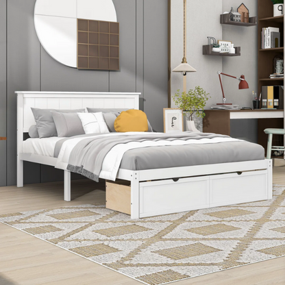 Full size platform bed with two built-in storage drawers, solid pine and MDF construction, rectangular headboard, and 11-inch clearance from floor to bottom.

