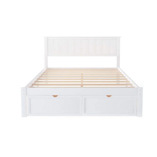 Full size platform bed with two built-in storage drawers, solid pine and MDF construction, rectangular headboard, and 11-inch clearance from floor to bottom.

