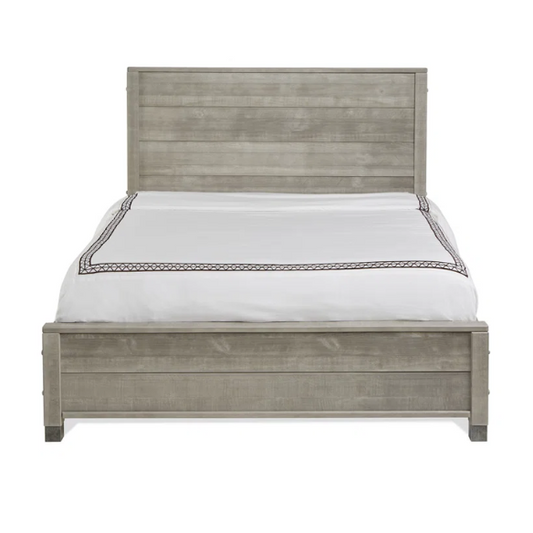 Full-size rustic grey farmhouse bed made of solid pine wood with a distressed finish, rectangular headboard, and platform slat support.

