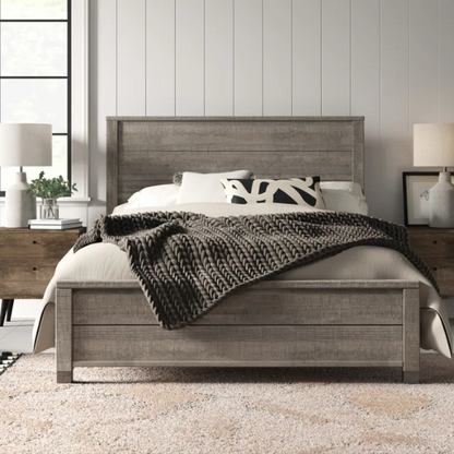 Full-size rustic grey farmhouse bed made of solid pine wood with a distressed finish, rectangular headboard, and platform slat support.

