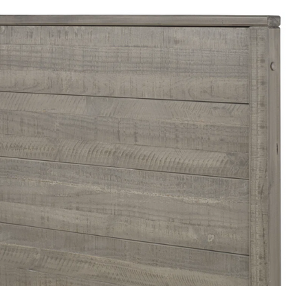 Full-size rustic grey farmhouse bed made of solid pine wood with a distressed finish, rectangular headboard, and platform slat support.

