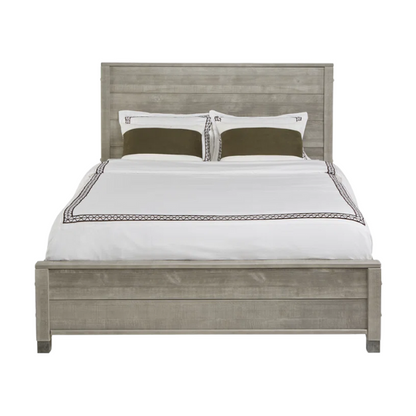 Full-size rustic grey farmhouse bed made of solid pine wood with a distressed finish, rectangular headboard, and platform slat support.

