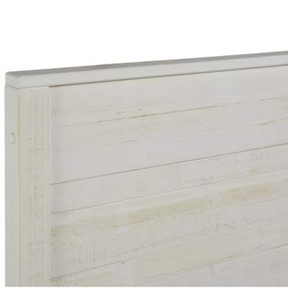 Elevate your bedroom with this full-size rustic white farmhouse bed crafted from solid pine. Features a distressed finish, slat support, and no box spring needed.


