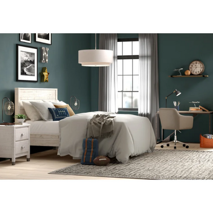 Elevate your bedroom with this full-size rustic white farmhouse bed crafted from solid pine. Features a distressed finish, slat support, and no box spring needed.


