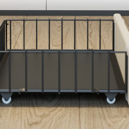 Full size upholstered platform bed in linen fabric with storage headboard, built-in charging station, three rolling drawers, and padded rectangular headboard.

