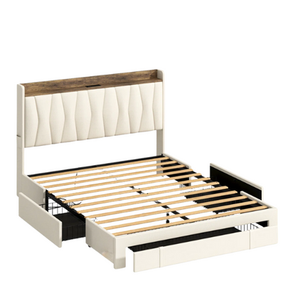 Full size upholstered platform bed in linen fabric with storage headboard, built-in charging station, three rolling drawers, and padded rectangular headboard.

