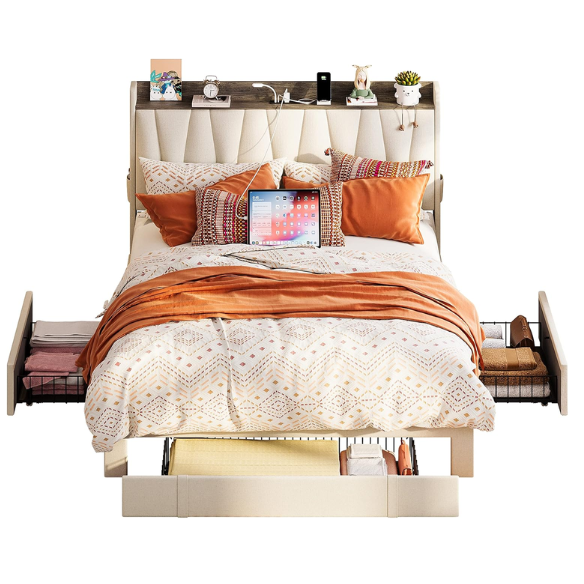 Full size upholstered platform bed in linen fabric with storage headboard, built-in charging station, three rolling drawers, and padded rectangular headboard.

