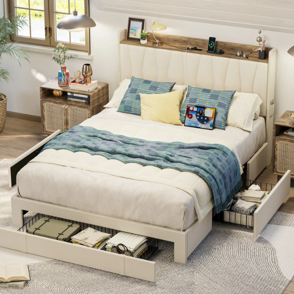 Full size upholstered platform bed in linen fabric with storage headboard, built-in charging station, three rolling drawers, and padded rectangular headboard.

