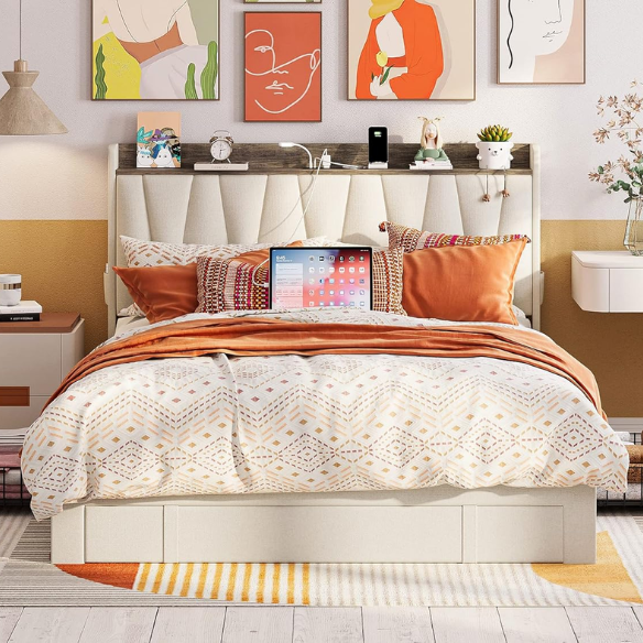 Full size upholstered platform bed in linen fabric with storage headboard, built-in charging station, three rolling drawers, and padded rectangular headboard.

