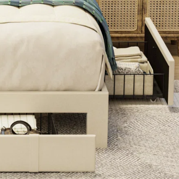 Full size upholstered platform bed in linen fabric with storage headboard, built-in charging station, three rolling drawers, and padded rectangular headboard.

