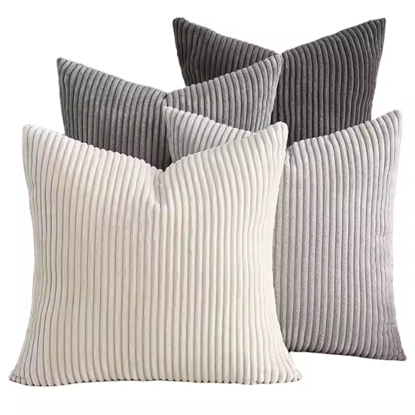 Set of 4 gray and nude striped corduroy pillow covers in 18x18 size with gradient design and hidden zippers – soft and stylish cushion covers for modern, boho, and farmhouse decor.