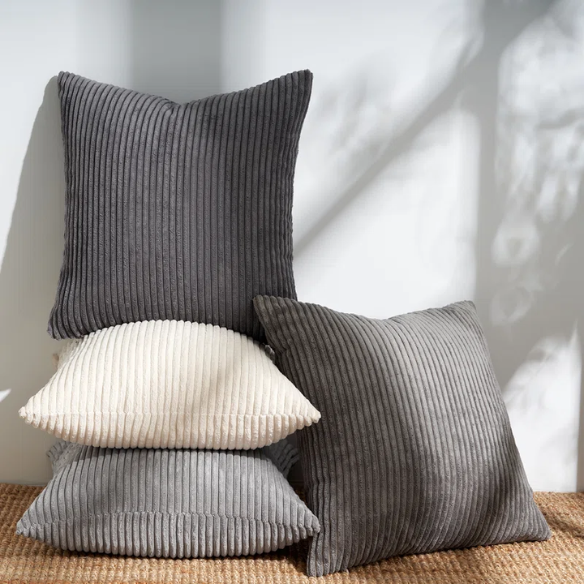 Gray and nude striped corduroy pillow covers – set of 4 decorative 18x18 cushion covers with gradient design and hidden zippers for modern and farmhouse decor.