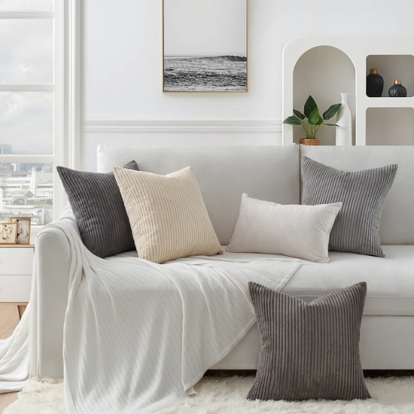 Gray and nude striped corduroy pillow covers – set of 4 decorative 18x18 cushion covers with gradient design and hidden zippers for modern and farmhouse decor.
