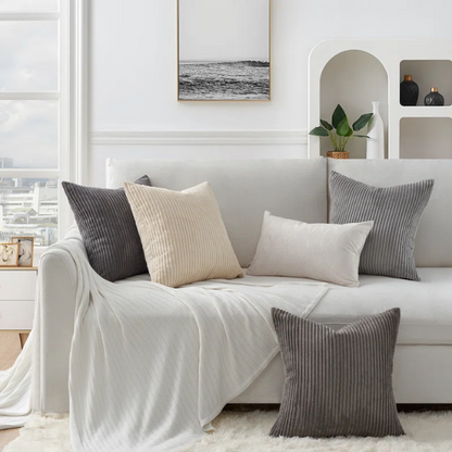 Gray and nude striped corduroy pillow covers – set of 4 decorative 18x18 cushion covers with gradient design and hidden zippers for modern and farmhouse decor.