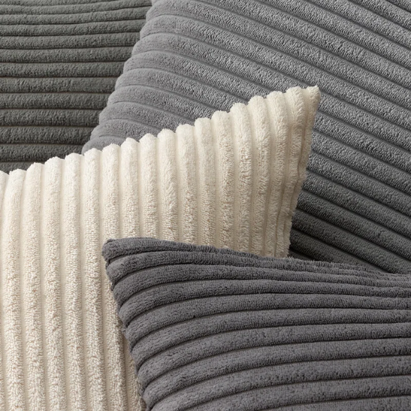 Gray and nude striped corduroy pillow covers – set of 4 decorative 18x18 cushion covers with gradient design and hidden zippers for modern and farmhouse decor.