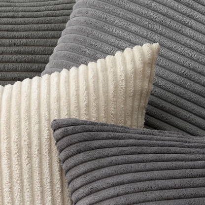 Gray and nude striped corduroy pillow covers – set of 4 decorative 18x18 cushion covers with gradient design and hidden zippers for modern and farmhouse decor.