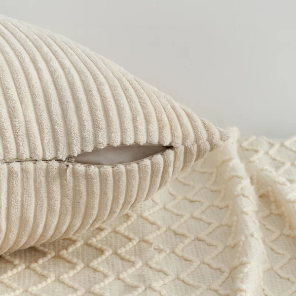 Gray and nude striped corduroy pillow covers – set of 4 decorative 18x18 cushion covers with gradient design and hidden zippers for modern and farmhouse decor.
