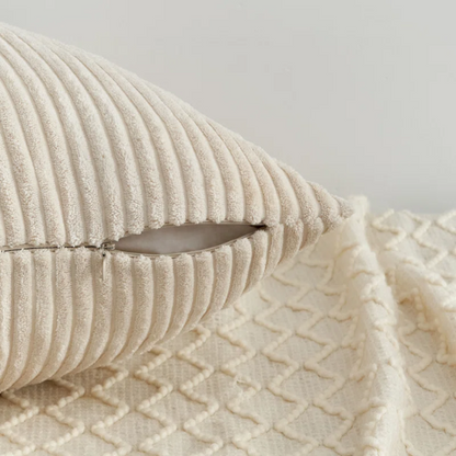Gray and nude striped corduroy pillow covers – set of 4 decorative 18x18 cushion covers with gradient design and hidden zippers for modern and farmhouse decor.
