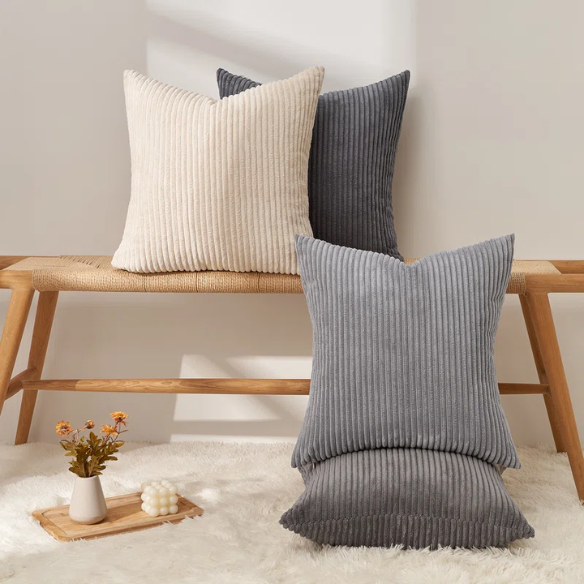 Gray and nude striped corduroy pillow covers – set of 4 decorative 18x18 cushion covers with gradient design and hidden zippers for modern and farmhouse decor.
