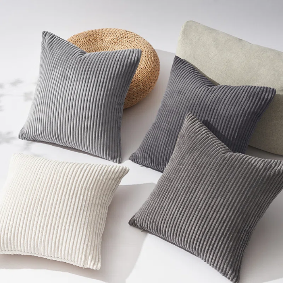 Gray and nude striped corduroy pillow covers – set of 4 decorative 18x18 cushion covers with gradient design and hidden zippers for modern and farmhouse decor.