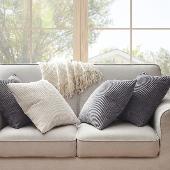 Gray and nude striped corduroy pillow covers – set of 4 decorative 18x18 cushion covers with gradient design and hidden zippers for modern and farmhouse decor.