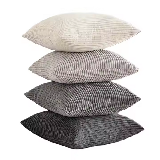 Gray and nude striped corduroy pillow covers – set of 4 decorative 18x18 cushion covers with gradient design and hidden zippers for modern and farmhouse decor.