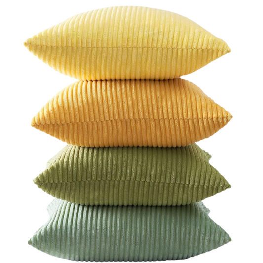 Set of 4 green, orange, and yellow striped corduroy pillow covers – 18x18 decorative cushion covers with gradient design and hidden zippers for boho or nature-inspired home decor.