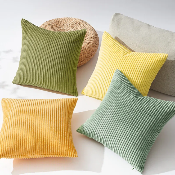 Set of 4 green, orange, and yellow striped corduroy pillow covers – 18x18 decorative cushion covers with gradient design and hidden zippers for boho or nature-inspired home decor.