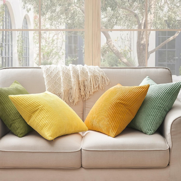Set of 4 green, orange, and yellow striped corduroy pillow covers – 18x18 decorative cushion covers with gradient design and hidden zippers for boho or nature-inspired home decor.