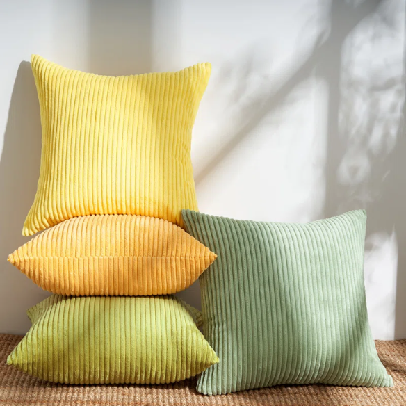 Set of 4 green, orange, and yellow striped corduroy pillow covers – 18x18 decorative cushion covers with gradient design and hidden zippers for boho or nature-inspired home decor.