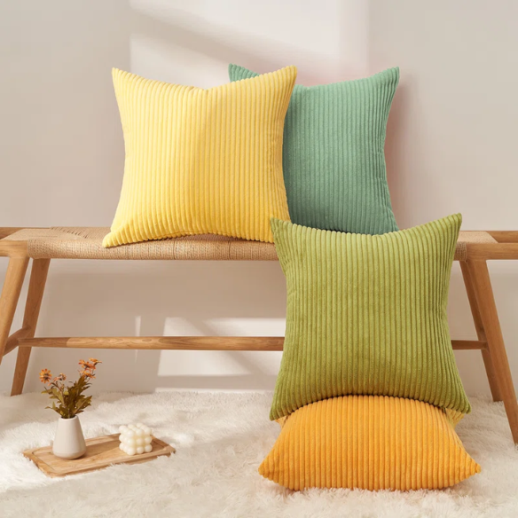 Set of 4 green, orange, and yellow striped corduroy pillow covers – 18x18 decorative cushion covers with gradient design and hidden zippers for boho or nature-inspired home decor.