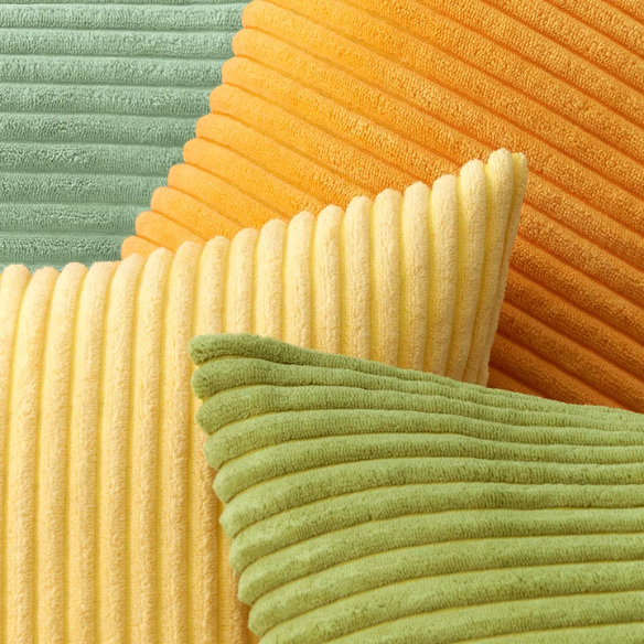 Set of 4 green, orange, and yellow striped corduroy pillow covers – 18x18 decorative cushion covers with gradient design and hidden zippers for boho or nature-inspired home decor.