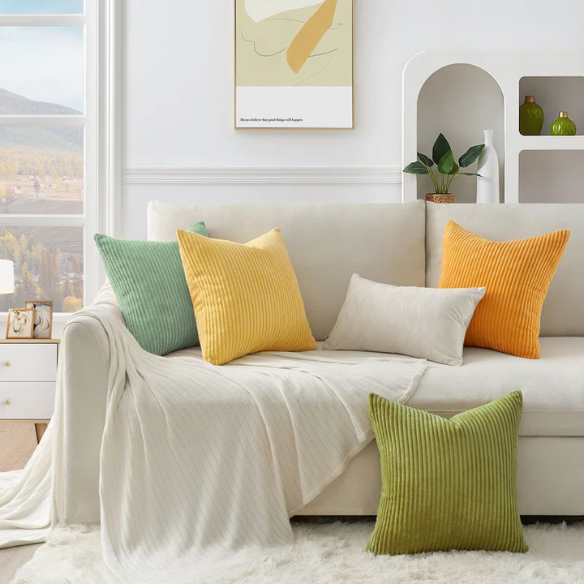Set of 4 green, orange, and yellow striped corduroy pillow covers – 18x18 decorative cushion covers with gradient design and hidden zippers for boho or nature-inspired home decor.