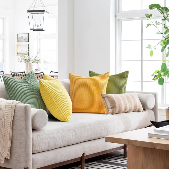 Set of 4 green, orange, and yellow striped corduroy pillow covers – 18x18 decorative cushion covers with gradient design and hidden zippers for boho or nature-inspired home decor.