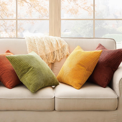 Set of 4 striped corduroy pillow covers in green, red, orange, and yellow – 18x18 decorative cushion covers with gradient pattern and hidden zippers for boho or festive home decor.