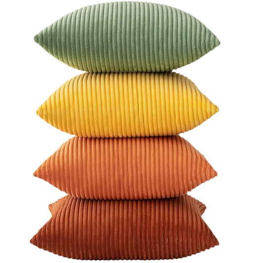 Set of 4 striped corduroy pillow covers in green, red, orange, and yellow – 18x18 decorative cushion covers with gradient pattern and hidden zippers for boho or festive home decor.