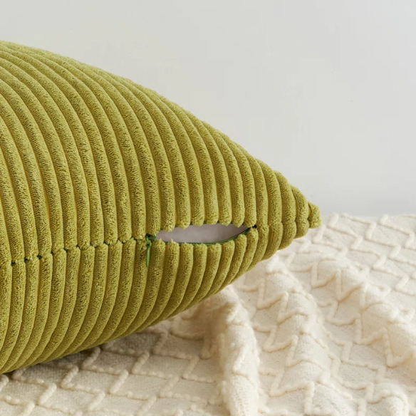 Set of 4 striped corduroy pillow covers in green, red, orange, and yellow – 18x18 decorative cushion covers with gradient pattern and hidden zippers for boho or festive home decor.