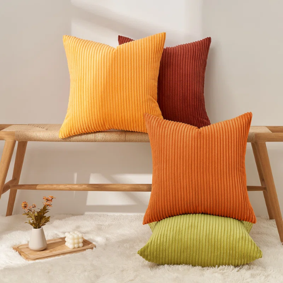 Set of 4 striped corduroy pillow covers in green, red, orange, and yellow – 18x18 decorative cushion covers with gradient pattern and hidden zippers for boho or festive home decor.