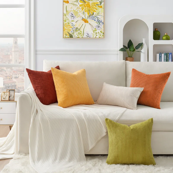 Set of 4 striped corduroy pillow covers in green, red, orange, and yellow – 18x18 decorative cushion covers with gradient pattern and hidden zippers for boho or festive home decor.