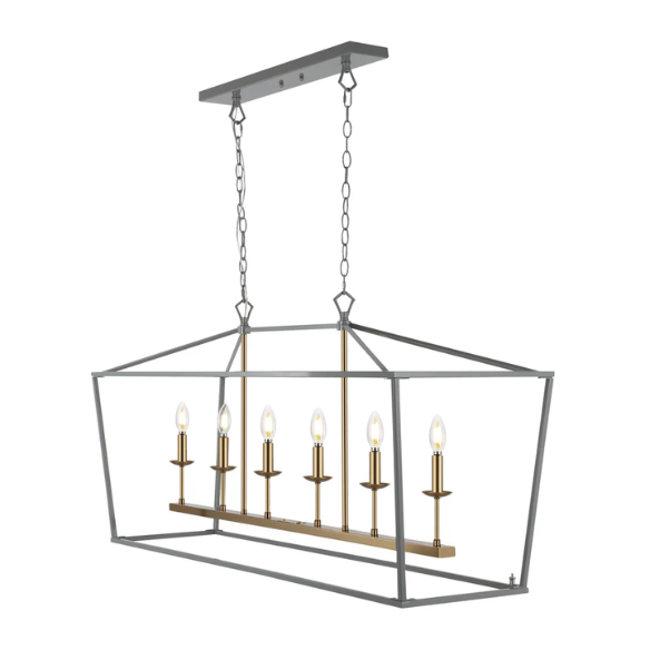 Grey and brass gold lantern-style pendant light with open metal frame and LED bulb, perfect for kitchens, foyers, and hallways

